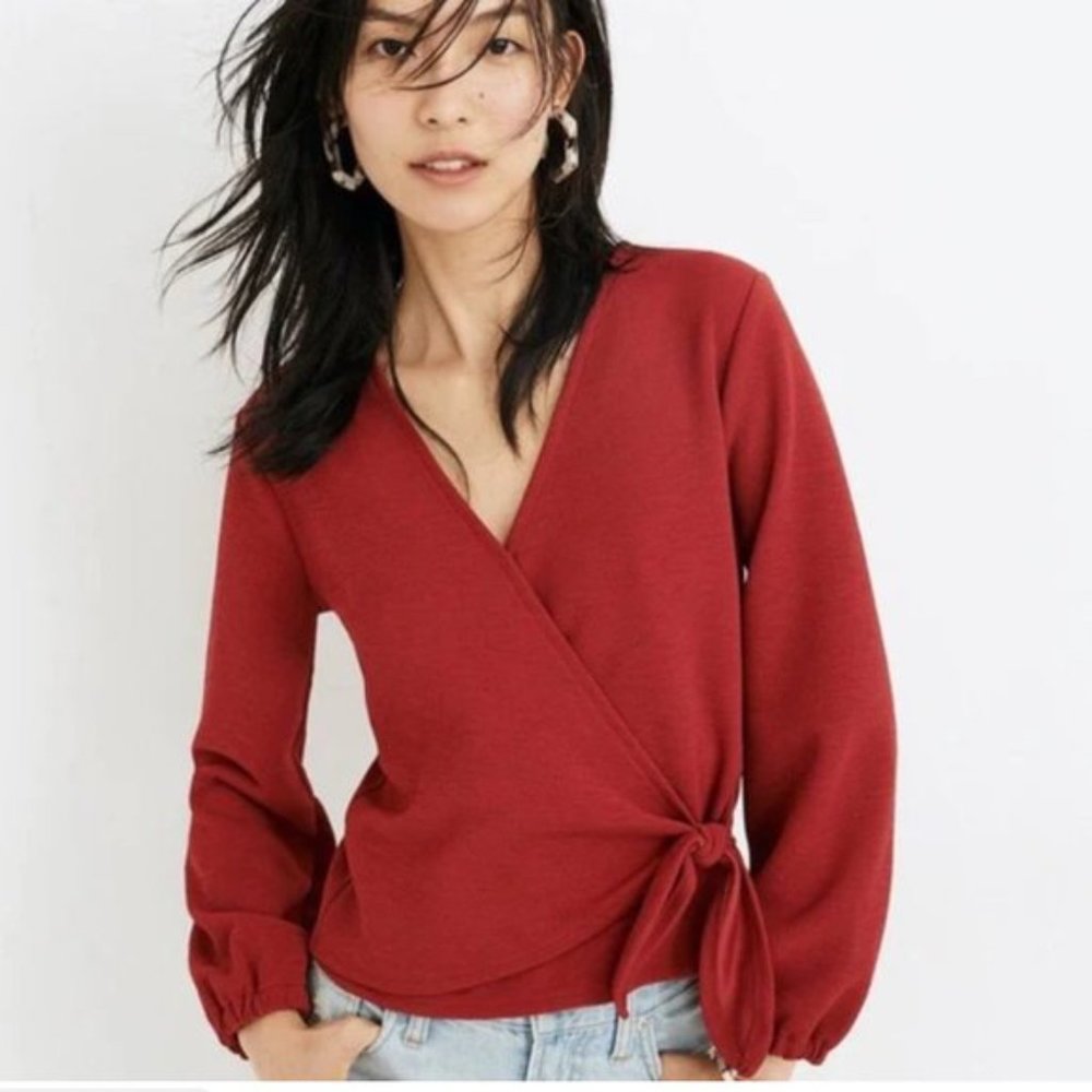 Madewell Texture & Thread Long Sleeve V Neck Side Tie Crepe Wrap Top